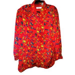 Vtg 80s Womens Red All Over Makeup Print Button Down Blouse Shoulder Pads